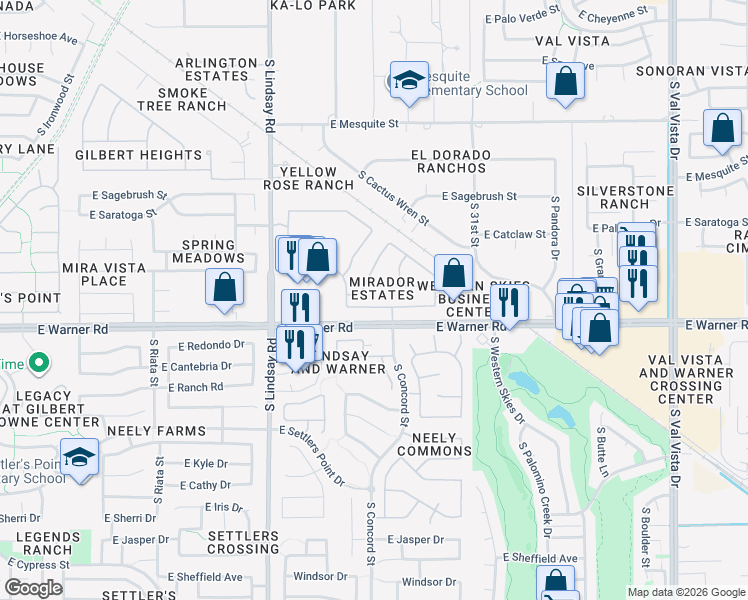 map of restaurants, bars, coffee shops, grocery stores, and more near 1027 East Arabian Drive in Gilbert