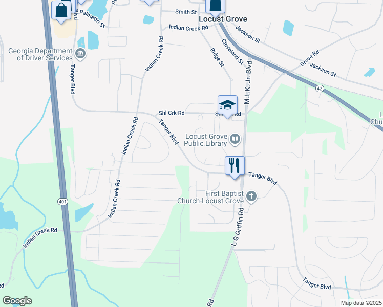 map of restaurants, bars, coffee shops, grocery stores, and more near 1553 Queen Elizabeth Drive in Locust Grove
