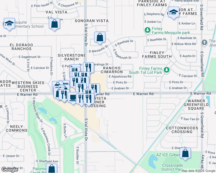 map of restaurants, bars, coffee shops, grocery stores, and more near 1752 East Arabian Drive in Gilbert