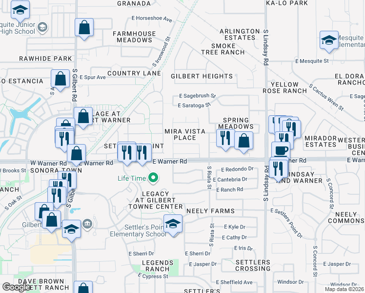 map of restaurants, bars, coffee shops, grocery stores, and more near 470 East Arabian Drive in Gilbert