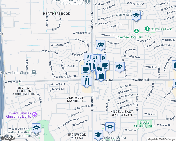 map of restaurants, bars, coffee shops, grocery stores, and more near 2070 North Dobson Road in Chandler