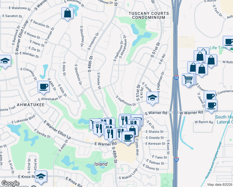 map of restaurants, bars, coffee shops, grocery stores, and more near 12214 South Potomac Street in Phoenix