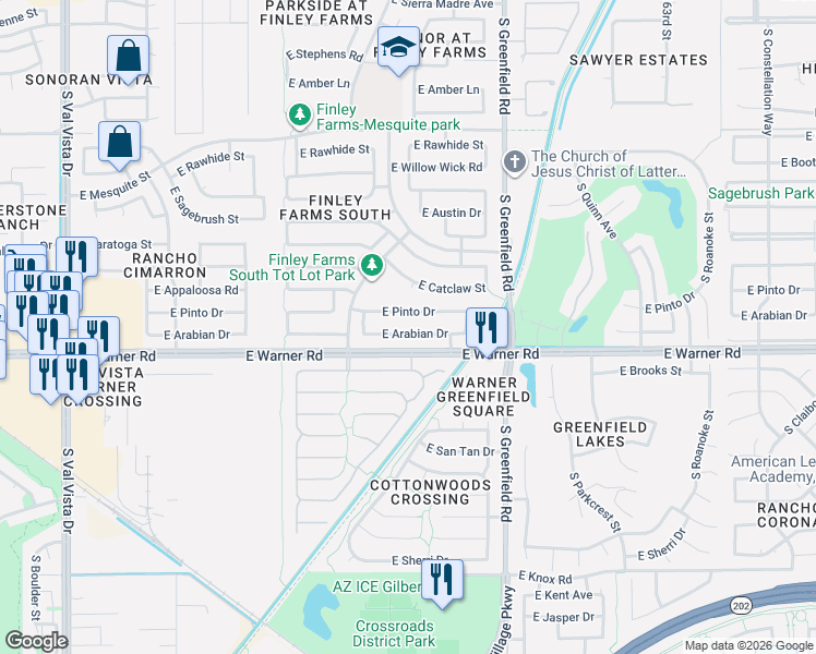 map of restaurants, bars, coffee shops, grocery stores, and more near 2207 East Arabian Drive in Gilbert