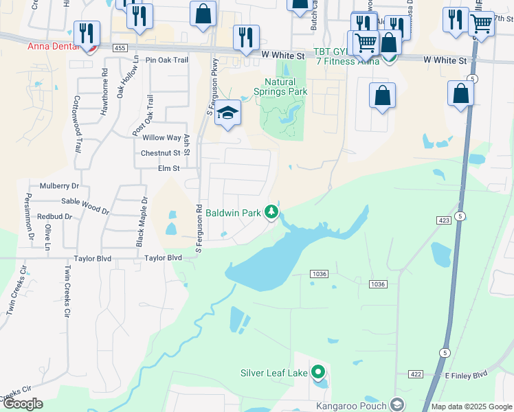 map of restaurants, bars, coffee shops, grocery stores, and more near 1231 Bear Creek Drive in Anna