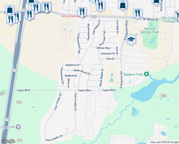 map of restaurants, bars, coffee shops, grocery stores, and more near 1701 Black Willow Trail in Anna