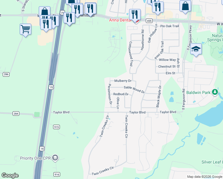map of restaurants, bars, coffee shops, grocery stores, and more near 1812 Olive Lane in Anna