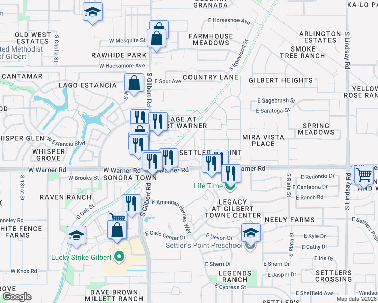 map of restaurants, bars, coffee shops, grocery stores, and more near 320 East Warner Road in Gilbert