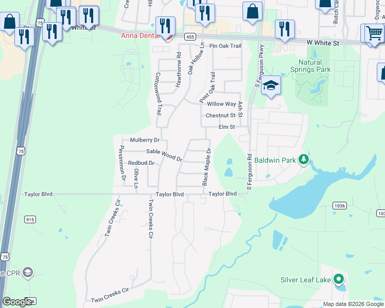 map of restaurants, bars, coffee shops, grocery stores, and more near 1809 Sable Wood Drive in Anna