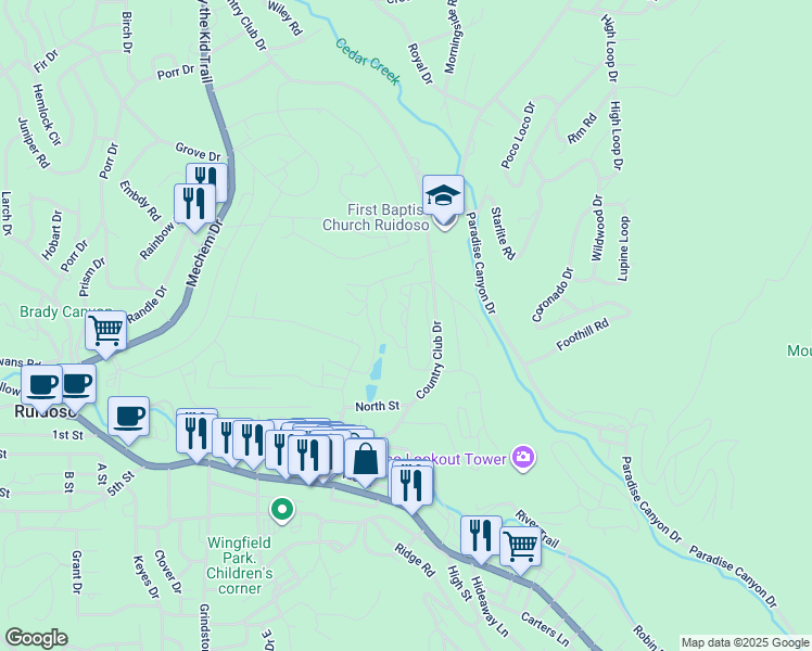 map of restaurants, bars, coffee shops, grocery stores, and more near 105 Bogie Lane in Ruidoso
