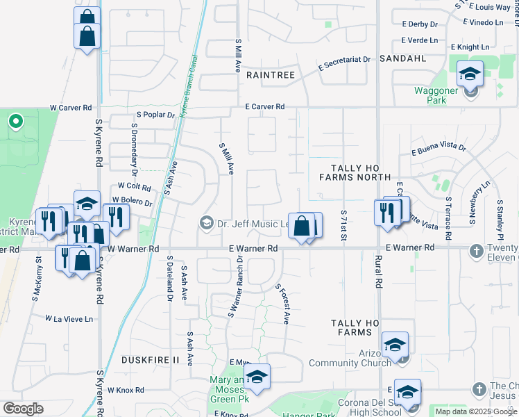 map of restaurants, bars, coffee shops, grocery stores, and more near 8551 South Grandview Avenue in Tempe