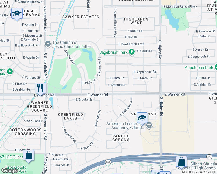 map of restaurants, bars, coffee shops, grocery stores, and more near 2842 East Spring Wheat Lane in Gilbert