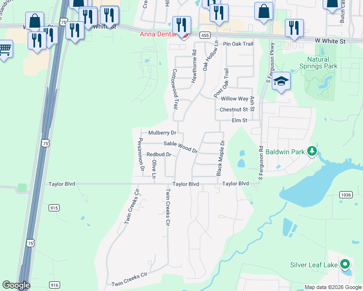 map of restaurants, bars, coffee shops, grocery stores, and more near Sablewood Drive in Anna