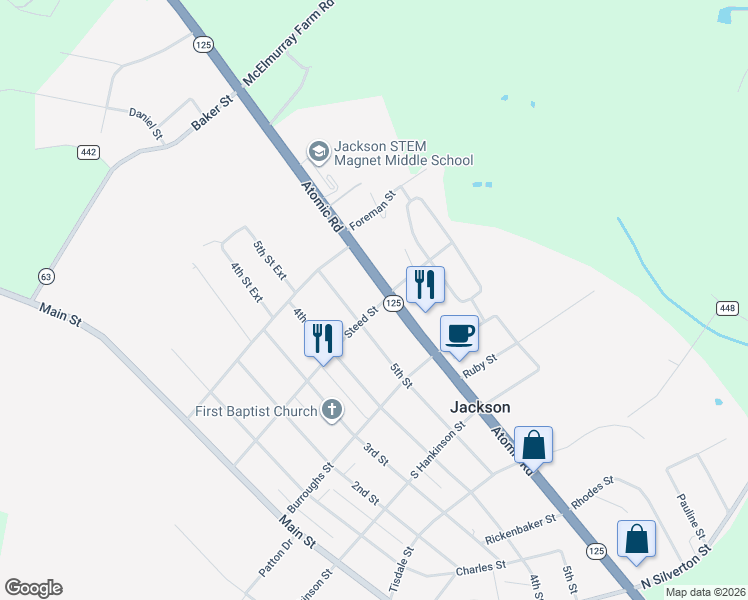 map of restaurants, bars, coffee shops, grocery stores, and more near 410 Atomic Road in Jackson