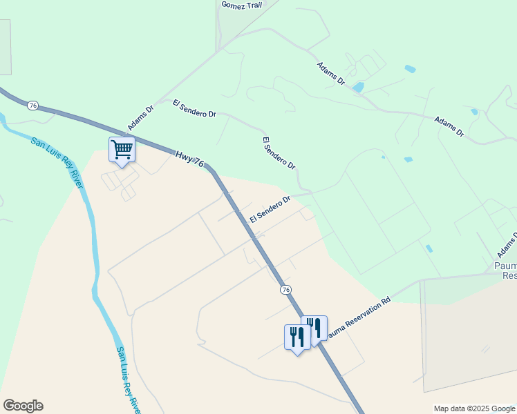 map of restaurants, bars, coffee shops, grocery stores, and more near 15024 California 76 in Pauma Valley