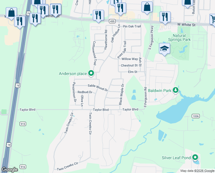 map of restaurants, bars, coffee shops, grocery stores, and more near 1512 Black Willow Trail in Anna