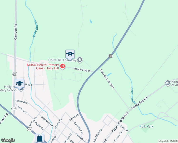 map of restaurants, bars, coffee shops, grocery stores, and more near 101 Academy Lane in Holly Hill