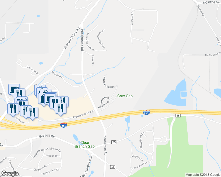 map of restaurants, bars, coffee shops, grocery stores, and more near 4881 Mountain Gap Drive in Bessemer