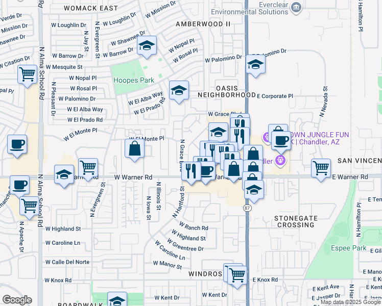 map of restaurants, bars, coffee shops, grocery stores, and more near 2121 North Grace Boulevard in Chandler