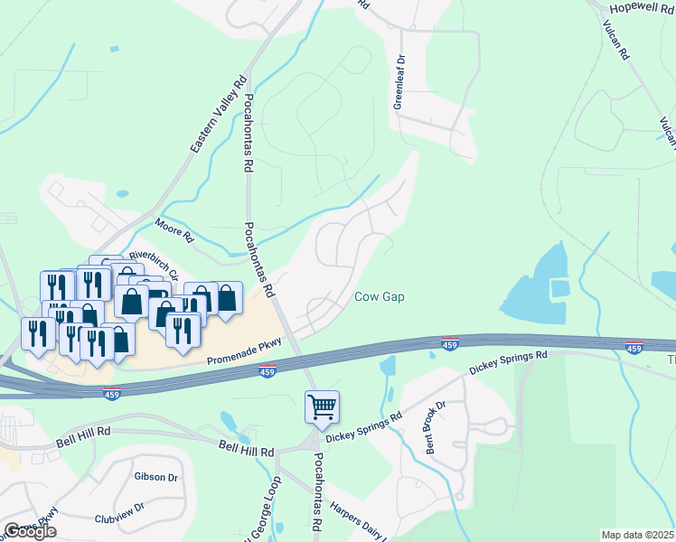 map of restaurants, bars, coffee shops, grocery stores, and more near 4885 Mountain Gap Drive in Bessemer