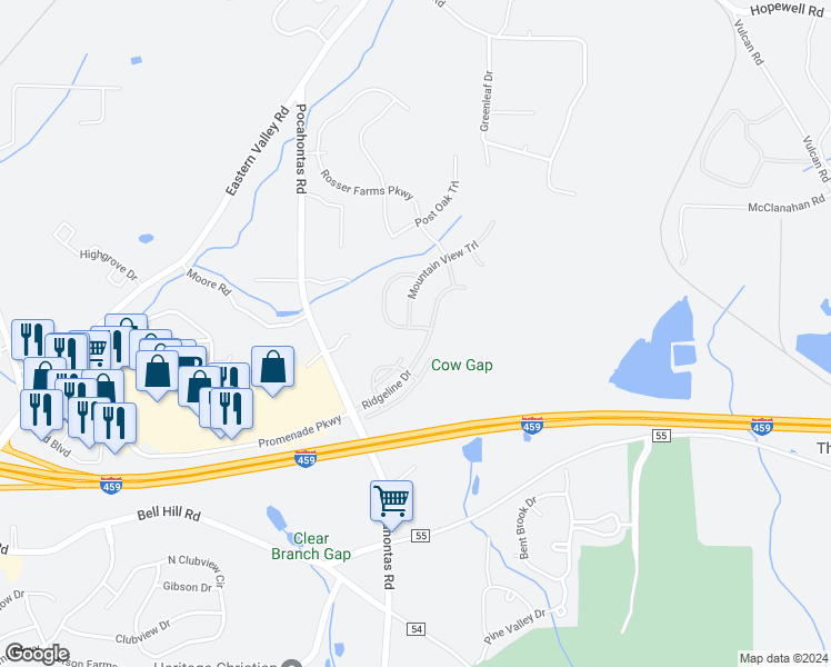 map of restaurants, bars, coffee shops, grocery stores, and more near 4889 Mountain Gap Drive in Bessemer