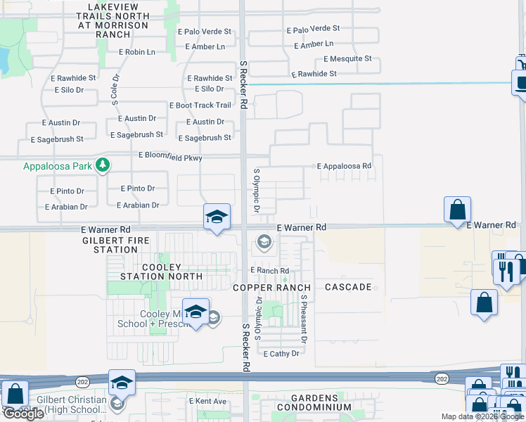 map of restaurants, bars, coffee shops, grocery stores, and more near 11601-12369 South Recker Road in Gilbert