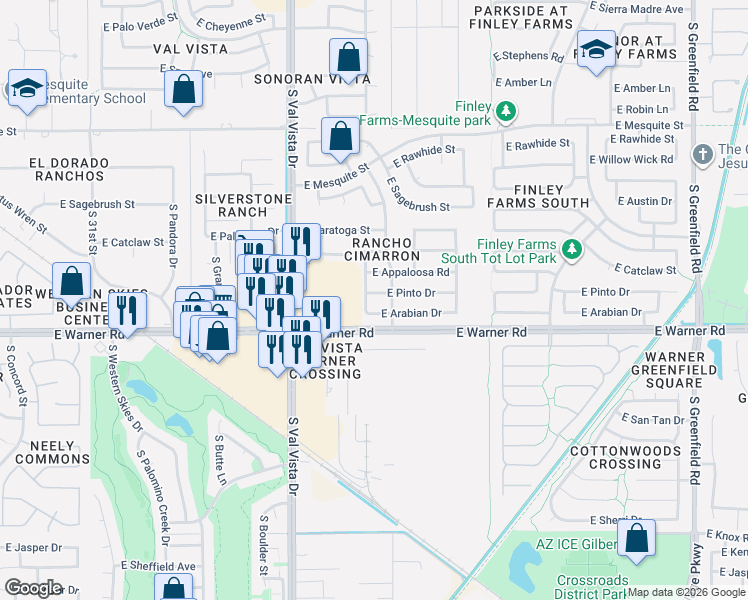 map of restaurants, bars, coffee shops, grocery stores, and more near 1793 East Appaloosa Road in Gilbert