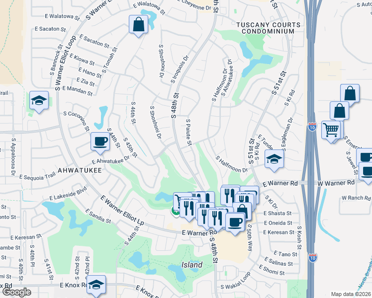 map of restaurants, bars, coffee shops, grocery stores, and more near 12051 South Paiute Street in Phoenix