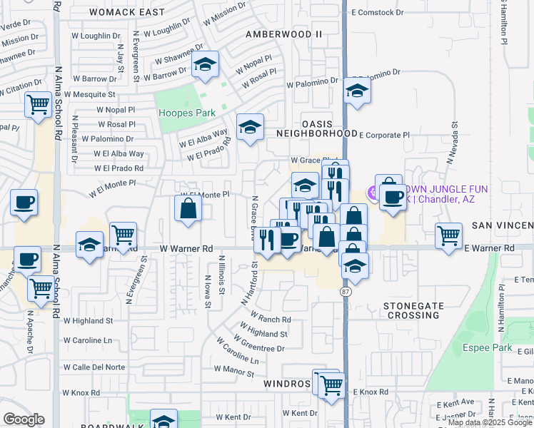 map of restaurants, bars, coffee shops, grocery stores, and more near 2121 North Grace Boulevard in Chandler