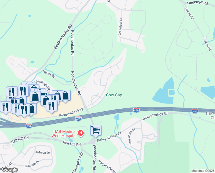 map of restaurants, bars, coffee shops, grocery stores, and more near 4898 Mountain Gap Drive in Bessemer