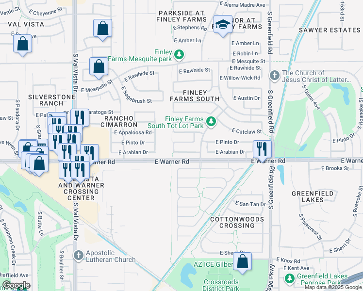 map of restaurants, bars, coffee shops, grocery stores, and more near 2001 East Appaloosa Road in Gilbert