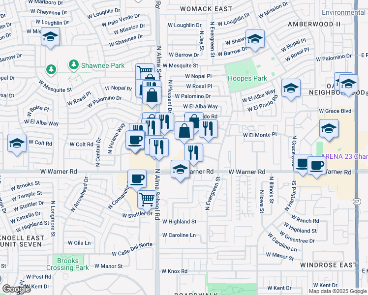 map of restaurants, bars, coffee shops, grocery stores, and more near 812 West Warner Road in Chandler