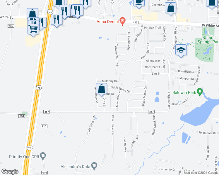 map of restaurants, bars, coffee shops, grocery stores, and more near 2204 Sable Wood Drive in Anna