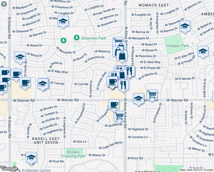 map of restaurants, bars, coffee shops, grocery stores, and more near 2105 North Verano Way in Chandler