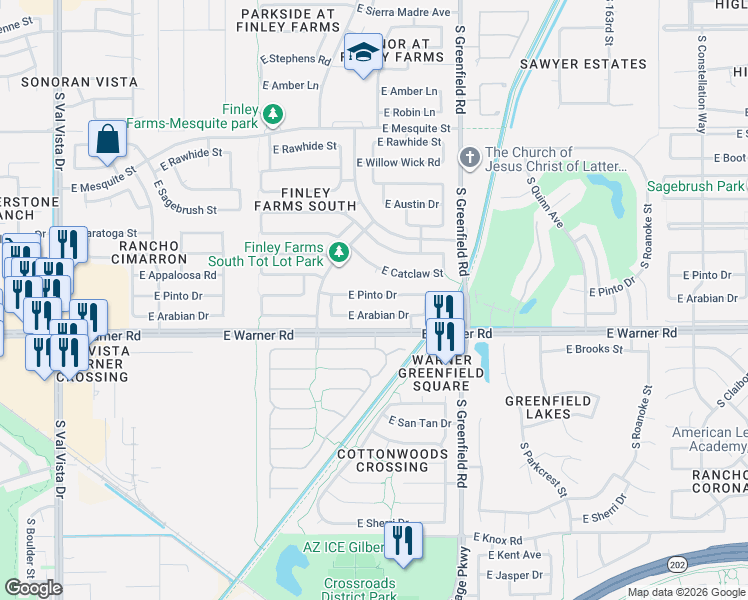 map of restaurants, bars, coffee shops, grocery stores, and more near 2210 East Pinto Drive in Gilbert