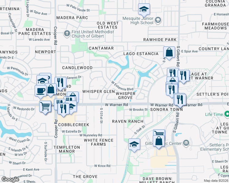 map of restaurants, bars, coffee shops, grocery stores, and more near 347 West Ensueno Street in Gilbert