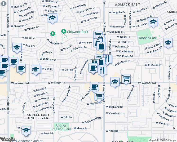 map of restaurants, bars, coffee shops, grocery stores, and more near 2105 North Verano Way in Chandler