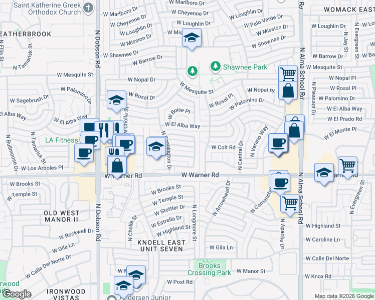 map of restaurants, bars, coffee shops, grocery stores, and more near 1506 West Colt Road in Chandler