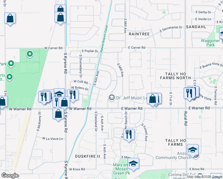 map of restaurants, bars, coffee shops, grocery stores, and more near 77 West Bolero Drive in Tempe
