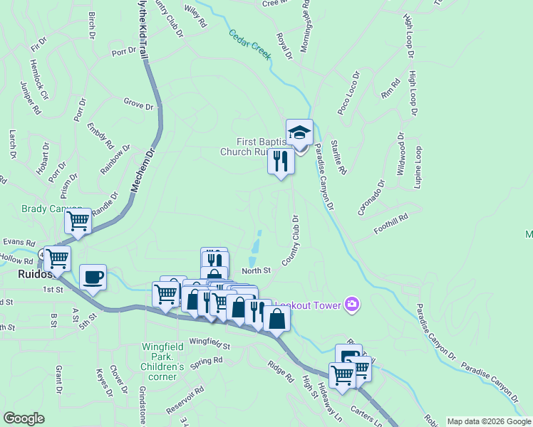 map of restaurants, bars, coffee shops, grocery stores, and more near 105 Bogie Lane in Ruidoso