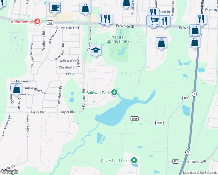 map of restaurants, bars, coffee shops, grocery stores, and more near 1210 Rockridge Trail in Anna