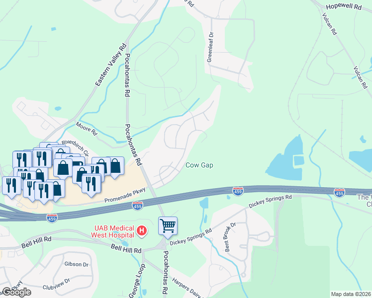 map of restaurants, bars, coffee shops, grocery stores, and more near 4898 Mountain Gap Drive in Bessemer