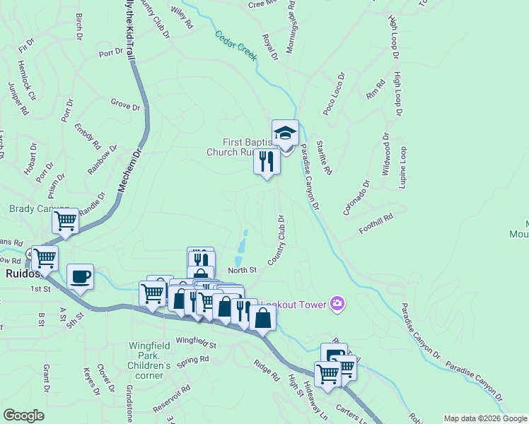 map of restaurants, bars, coffee shops, grocery stores, and more near 105 Bogie Lane in Ruidoso