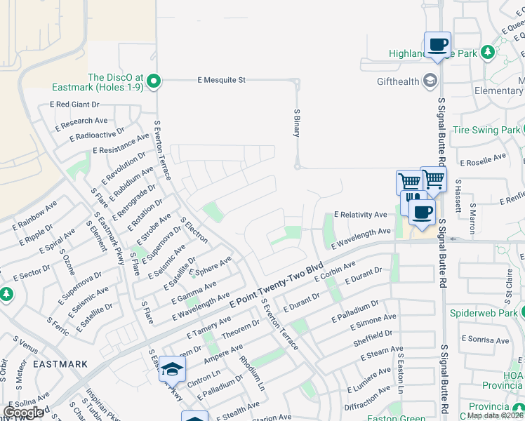 map of restaurants, bars, coffee shops, grocery stores, and more near 10249 East Seismic Avenue in Mesa