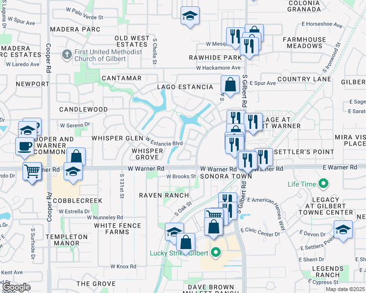 map of restaurants, bars, coffee shops, grocery stores, and more near in Gilbert