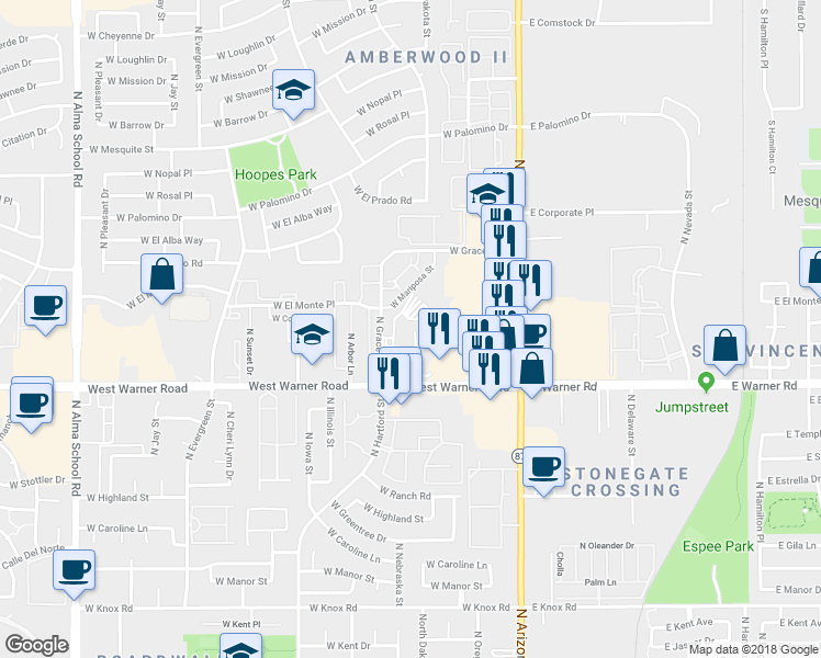 map of restaurants, bars, coffee shops, grocery stores, and more near 2121 North Grace Boulevard in Chandler