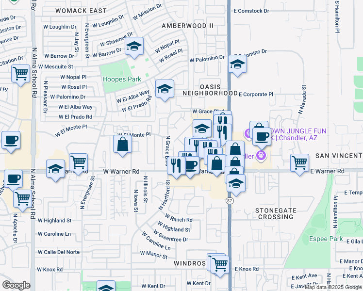 map of restaurants, bars, coffee shops, grocery stores, and more near 2136 North Grace Boulevard in Chandler