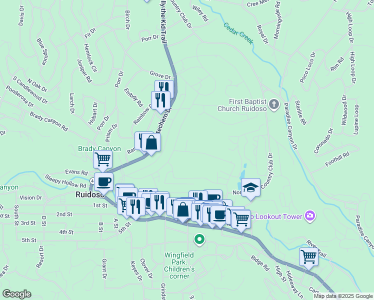 map of restaurants, bars, coffee shops, grocery stores, and more near 105 Mashie Place in Ruidoso