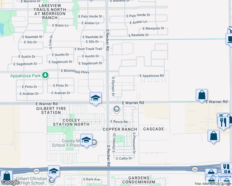 map of restaurants, bars, coffee shops, grocery stores, and more near 11601-12369 South Recker Road in Gilbert