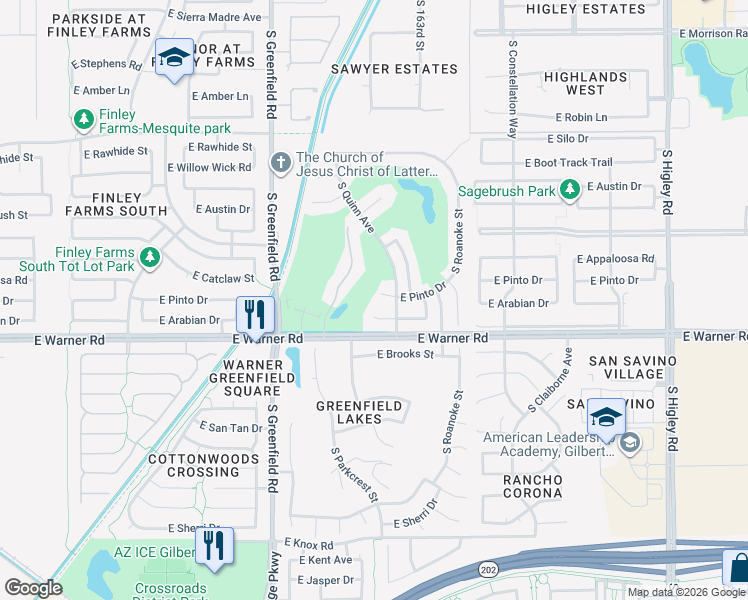 map of restaurants, bars, coffee shops, grocery stores, and more near 2626 East Pinto Drive in Gilbert