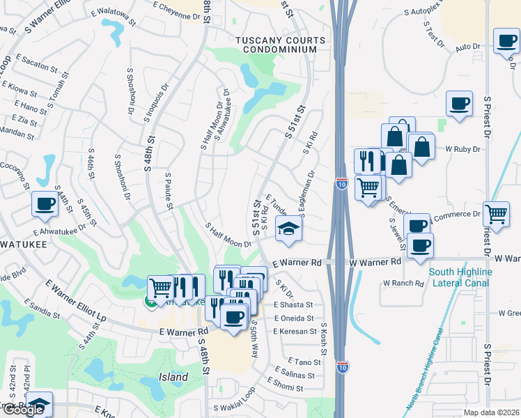 map of restaurants, bars, coffee shops, grocery stores, and more near 5107 East Tunder Drive in Phoenix